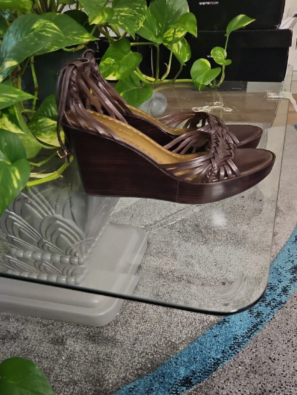 Gianni Bini Dark Brown Braided Leather Wedge Sandals